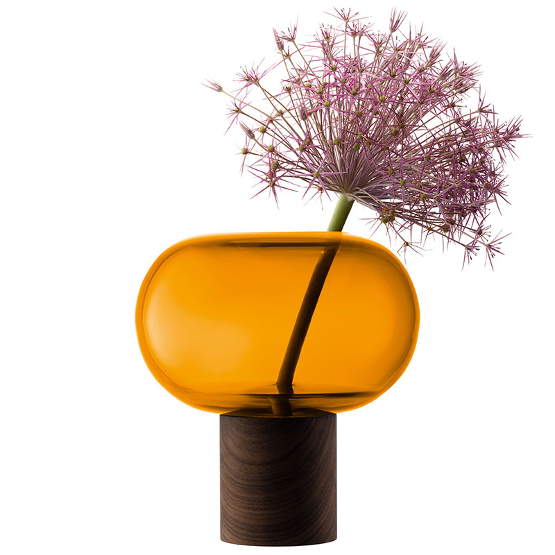 Oblate Vase, H21.5 cm, Amber/Walnut