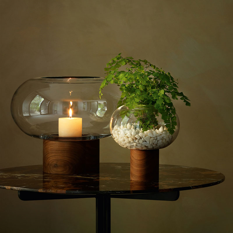 Oblate Vase, H21.5 cm, Clear/Walnut