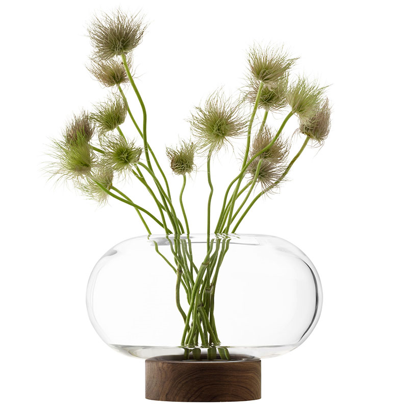 Oblate Vase/Lantern, H19.5 cm, Clear/Walnut