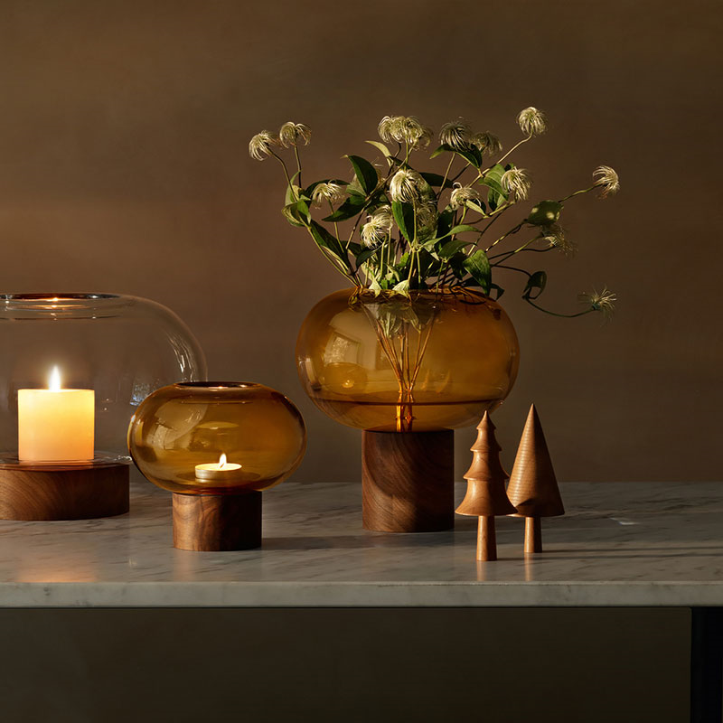 Oblate Vase, H21.5 cm, Amber/Walnut